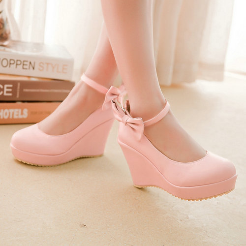10 cm large size shoes autumn new arrived pu wedges high heels women pumps bowtie lovely