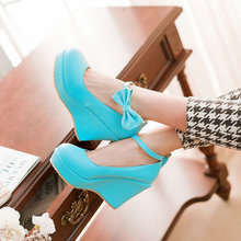 10 cm large size shoes autumn new arrived pu wedges high heels women pumps bowtie lovely