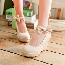 10 cm large size shoes autumn new arrived pu wedges high heels women pumps bowtie lovely
