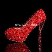 Latest Fashion Rhinestone Red Lace Bridal Wedding Pumps