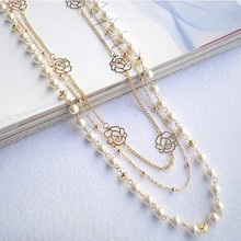 2014 hot Pearl flower pendant White Rose Long necklace woman Rhinestone fashion jewelry XP-009