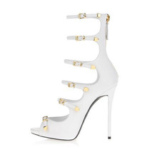 Free Shipping Women s 2014 White Genuine Leather 6 Buckle Gold Metallic Back Zip Ankle Strap