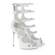 Free Shipping Women s 2014 White Genuine Leather 6 Buckle Gold Metallic Back Zip Ankle Strap