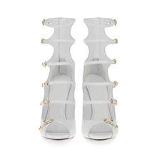 Free Shipping Women s 2014 White Genuine Leather 6 Buckle Gold Metallic Back Zip Ankle Strap