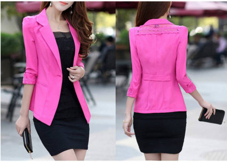 Womens Blazer 3/4 Sleeve One Button Lady Workwear Suit Coat Jacket Outwear