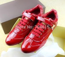 2014 new free shipping womens real patent leather brand red black color flat lace-up breathable leisure run sport sneaker shoe