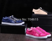 New model free shipping womens real leather brand pink blue beige color flat lace-up pearl leisure running sport sneaker shoe