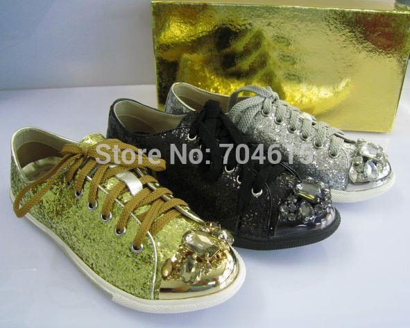 New free shipping womens real leather brand gold silver black flat bling crystal toe leisure running