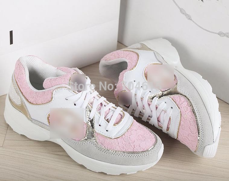 New free shipping womens real leather lace brand pink gold color white flat breathable leisure running