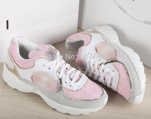 New free shipping womens real leather+lace brand pink gold color white flat breathable leisure running sport sneaker summer shoe
