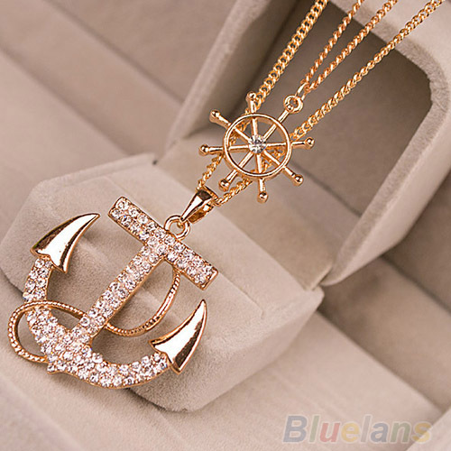 New Fashion Women jewelry Lady Alloy Diament Anchor Sweater Chain Necklace Pendants 0AN1