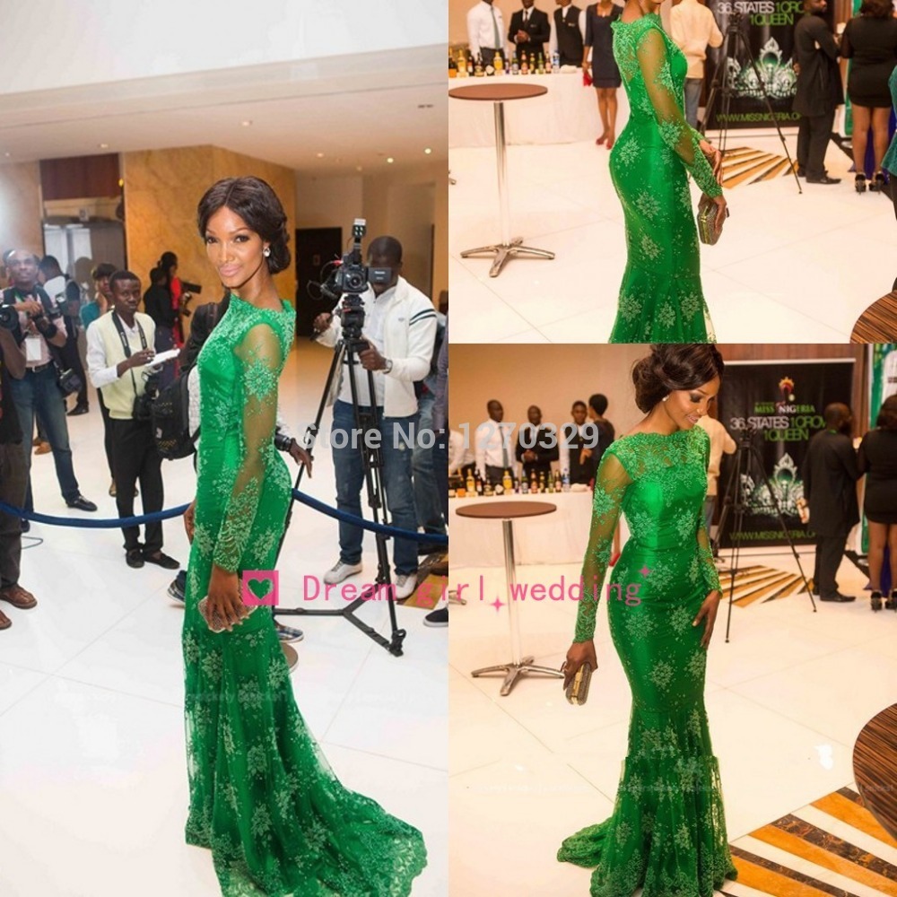 2014 New Arrival Red Carpet Miss Nigeria Mermaid Long Sleeves Green ...