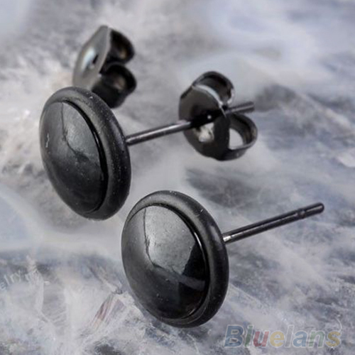 2x Fashion Black Round Stainless Steel Men s Women Ear Stud Earring 00ZG
