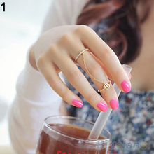 Hot New Women Fashion Gold Thin Simple Chain Peace Love Charm Crystal Double Ring 02KH