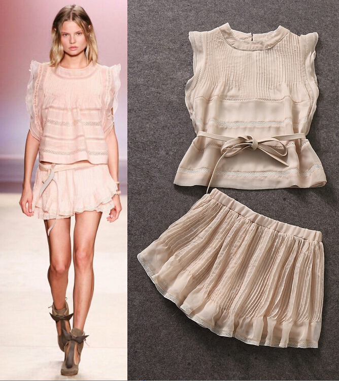 Design design skirt Belt Short Blouse (1Set Silk blouse Skirts  Pant Tops Pleated Mini With