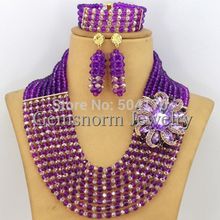 African Crystal Beads Jewelry Set Wholesale Fashion Purple Gold Nigerian Wedding Beads Jewelry Set Free Shipping
