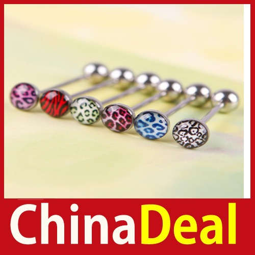 limited chinadeal 6Pcs Mixed Color Leopard Print Tongue Lip Ring Bar Stud Body Piercing Jewelry wholesale