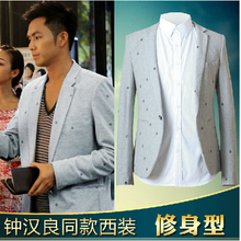 Free shipping Spring new fashion men s suits embroidered gray leisure suit jacket coat Slim M