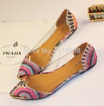 2014 New Arrival Korean Fashion Women’s Casual Floral Print Metal Decorative Pointed Toe Flats Shoes Free Shipping