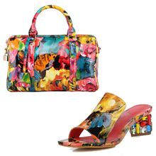 Free Shipping high quality lady Italian matching shoe and bag set for wedding and party in wholesale,Flower color platfrom shoes