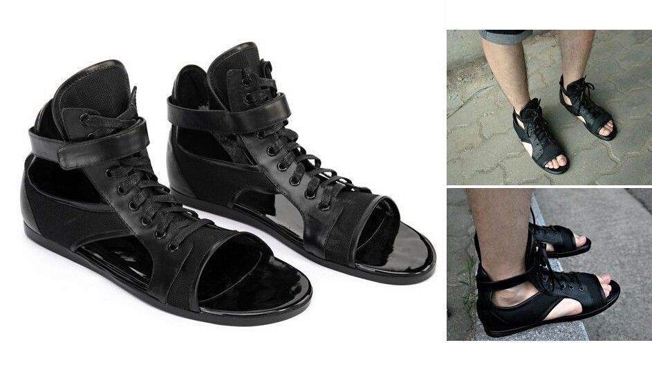 Men's Black Genuine Real Leather Lace up Ankle Boots Gladiator Sandals ...