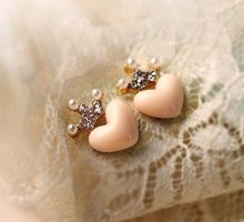 $10 (mix order) Free Shipping Mellow Pink Crystal Crown Peach Heart Love Drop Earrings E1