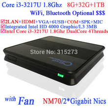mini itx computer case mini pcs fan with dual Nics HDMI COM 3G card slot Intel core i3-3217U 1.8Ghz NM70 8G RAM 32G SSD 1TB HDD