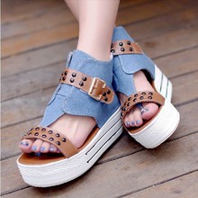 New wave of summer 2014 shoes Roman fish head rivets canvas shoes with thick soles platform slope with high-heeled sandals