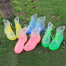 New Women flat heel rain boots candy colorful crystal water shoes neon transparent martin rain boots hot-selling FREE SHIPPING