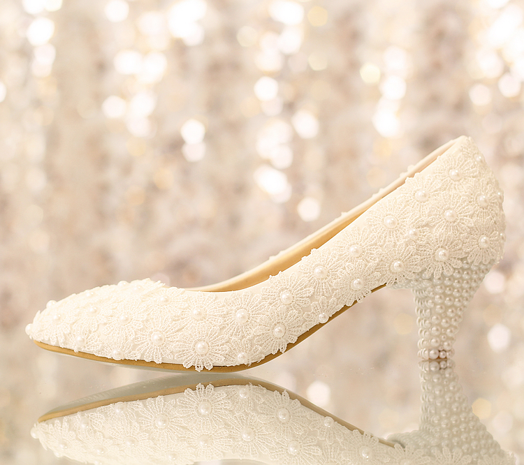 2014 Luxury pearl bride wedding shoes lace beautiful Rhinestone Super High flower Heels Custom Size 5CM