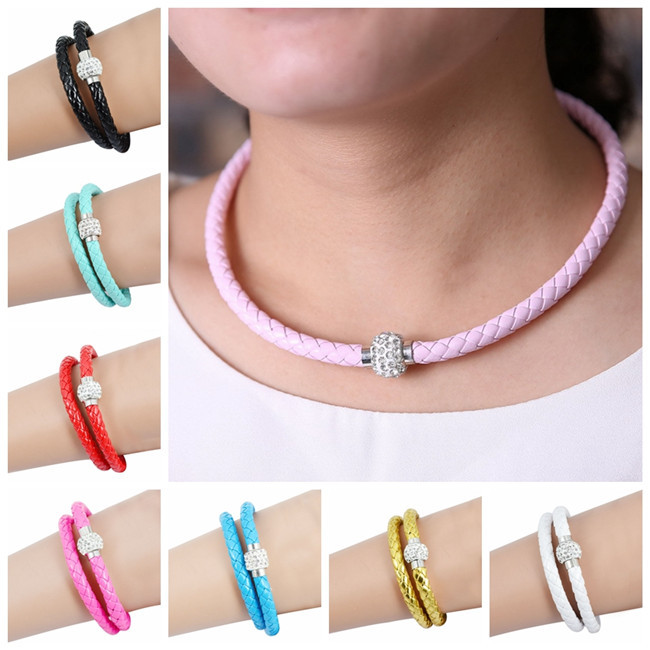 2014 candy colored leather accessories both necklaces bracelets and can alloy rhinestone jewelry simple and stylish