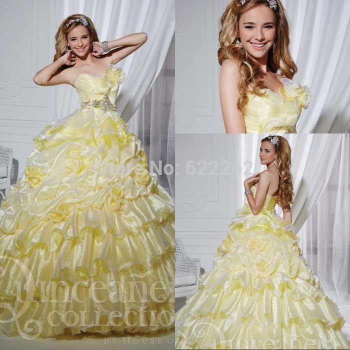 Wholesale Ball Gown Sweetheart Floor Length Organza Yellow Quinceanera Dresses Beaded Lace Up 