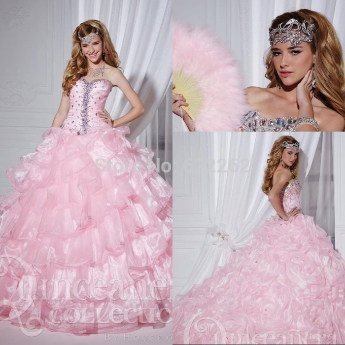 Hot Princess Ball Gowns Sweetheart Pink Long Ruched Organza Crystal Quinceanera Dresses Lace Up Fashion Prom