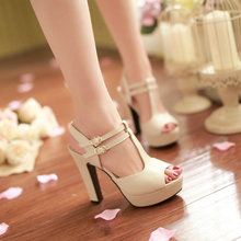 Hot 2014 high heel fashion women Square heel T Strap Buckle women sandal high heels women