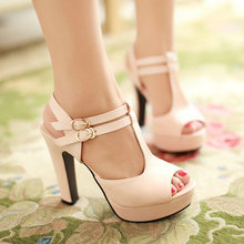 Hot 2014 high heel fashion women Square heel T Strap Buckle women sandal high heels women