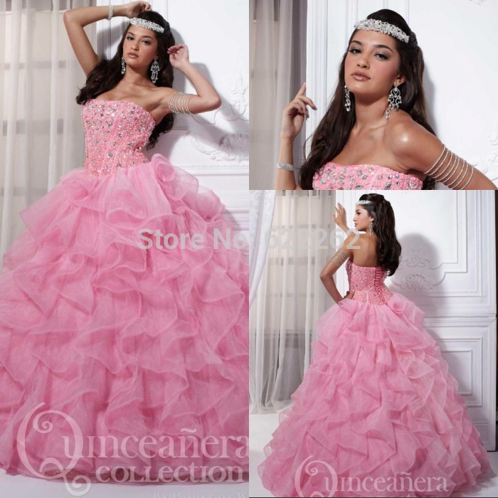 Wholesale Ball Gown Strapless Floor Length Organza Pink Quinceanera Dresses Lace Up Fast Delivery 