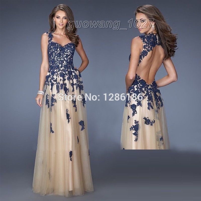 New Fashion Lace Applique Backless Prom Ball Gown Evening Pageant