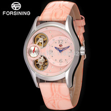 Famous brand FORSINING FSL8014Q3S32014 new Quartz silver ladies wristwatch tourbillon blue leather strap shipping free