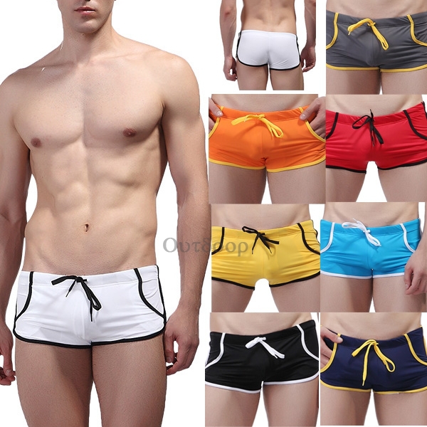 Men Swimwear Sexy swimming trunks Low waist Stripe Pocket Shorts Boxers Sports suit Men Swimsuit