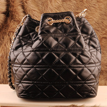 genuine leather sheepskin black plaid women’s bucket bag handbag fashion metal chain fashion messenger bag