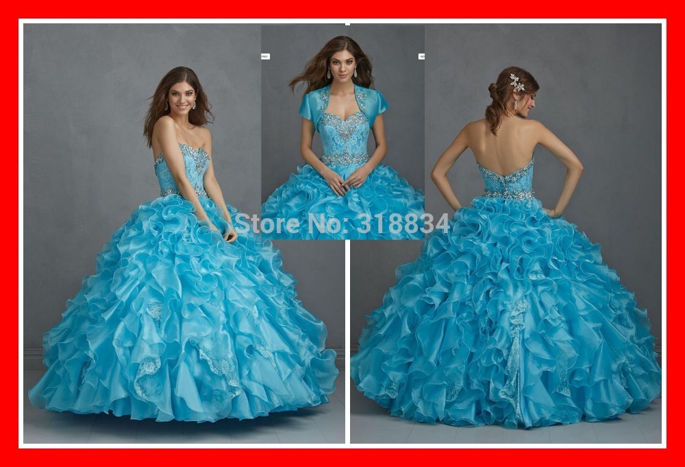 2015 Custom Sexy Ball Gown Quinceanera Dresses With Jacket Crystals Lace Appliques Ruffles Backless Short Sleeve