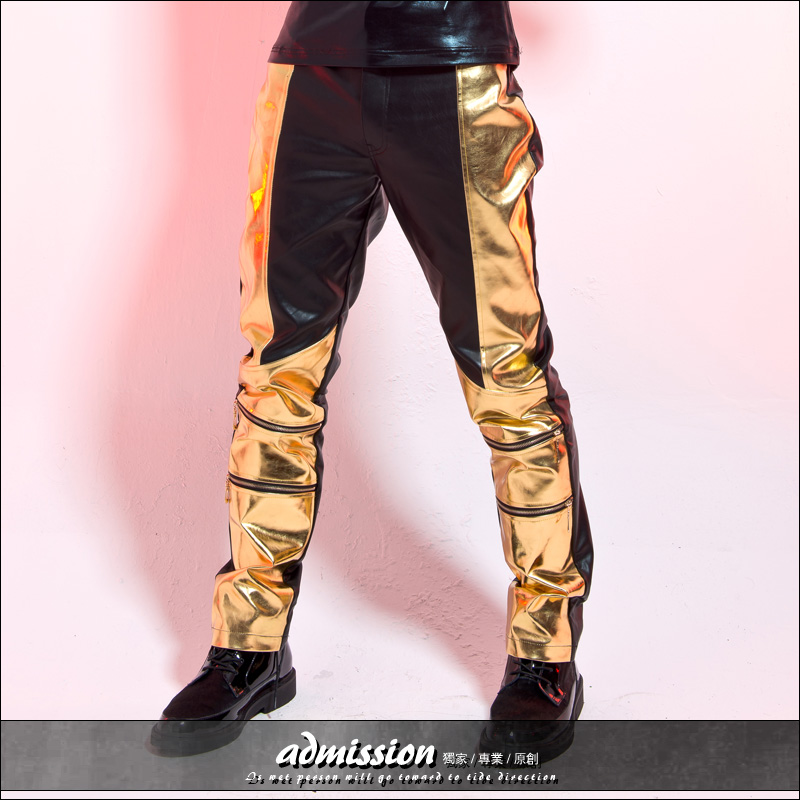 New style Men's clothing male black gold leather pants sexy fashion ...