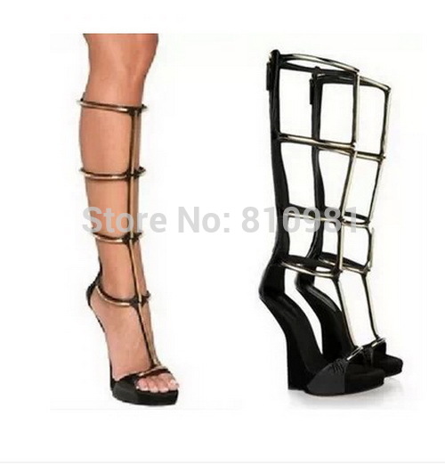 Black Cut outs Sandals Metal Wedges Cool Boots Women's Boots ...