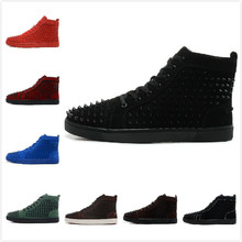 Size:36-46 Men Women Black Suede With Spikes Lace Up High Top Red Bottom Sneakers,Unisex Designer Brand Winter Casual Shoes