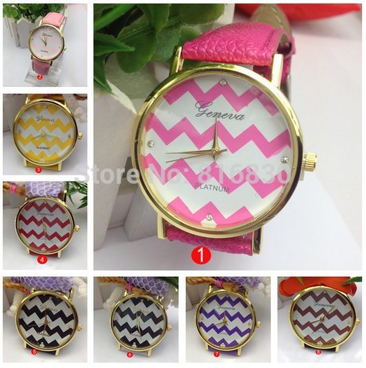 Classic Chevron Geneva PU Leather Chain Girls Watch Candy Colored Fashion Women Jewelry Wholesale Jewelry Free