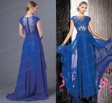 Free Shipping 2014 Fashion Women s Sheath Sheer Back Floor Length Chiffon Cap Sleeve Prom Dress