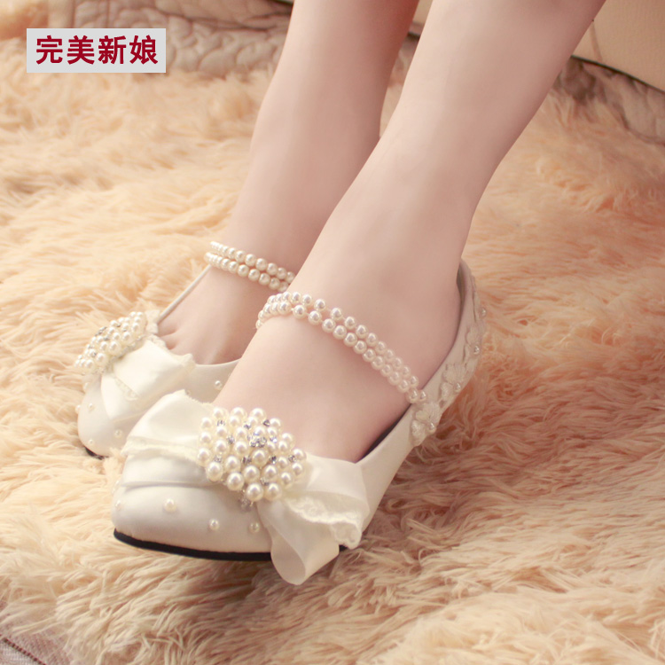 Handmade wedding shoes white bridal shoes pearl shoes chain bow pumps single shoes