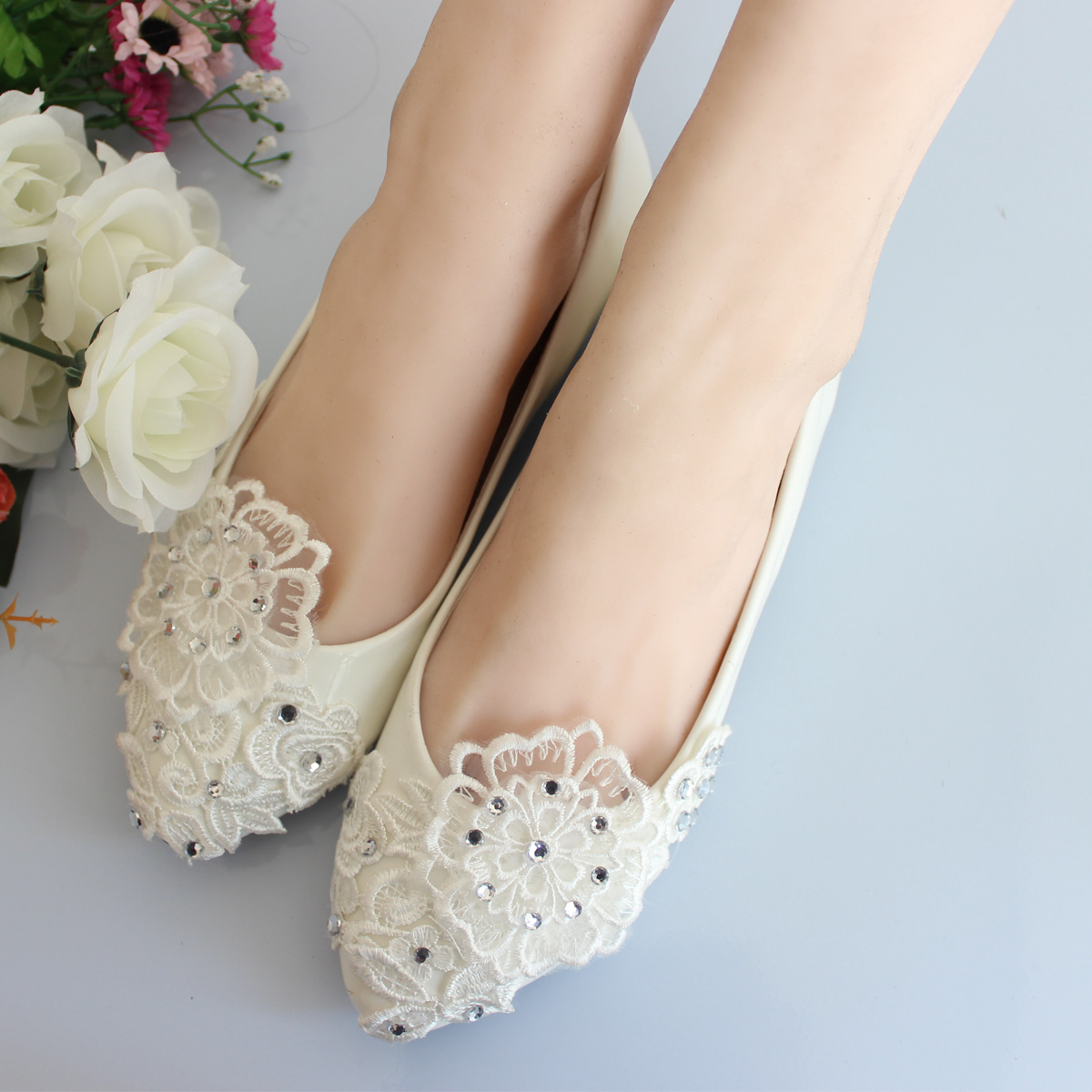 Handmade bridal shoes white rhinestone lace shoes bridesmaid shoes wedding shoes women flats
