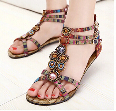 2015 New Authentic Bohemian National Wind Flat Sandals Big Size Beaded Gemstone With Flat Roman Women