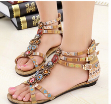 2015 New Authentic Bohemian National Wind Flat Sandals Big Size Beaded Gemstone With Flat Roman Women